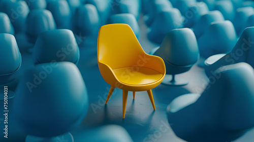 A yellow chair standing out from the crowd of chairs against a blue studio background.