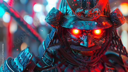 Cybernetic samurai extreme close-up retro anime neon metropolis spotlight 8k resolution