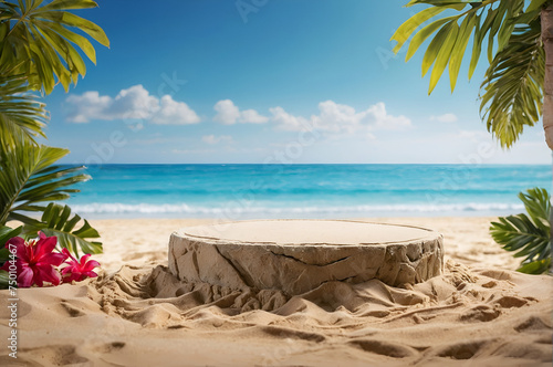 Sand and tropical sea background with podium 