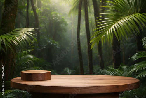 product presentation  background. Wooden podium in tropical forest 