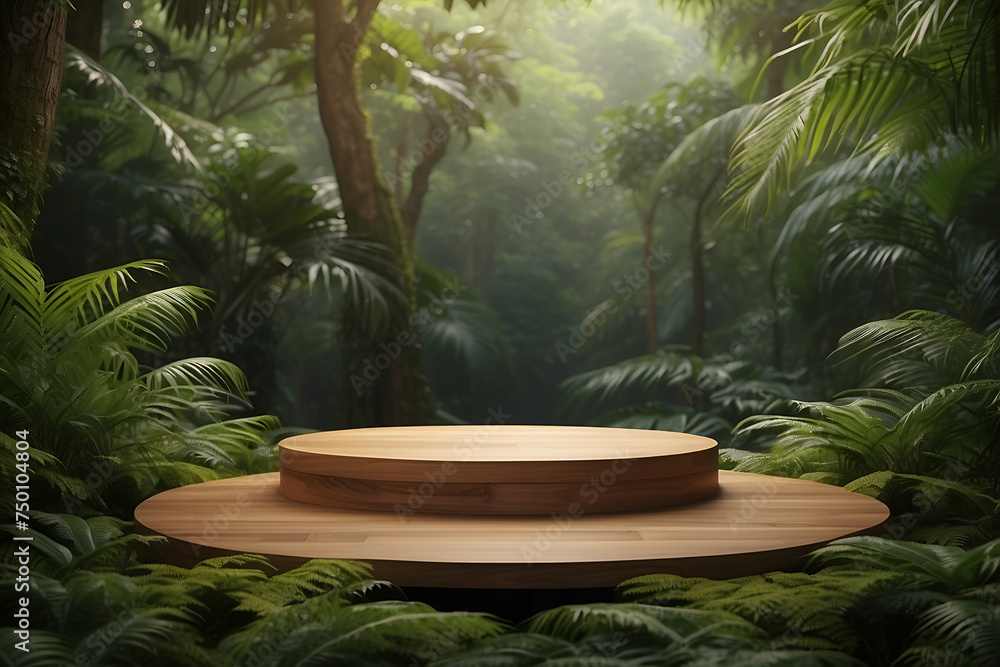 product presentation  background. Wooden podium in tropical forest
