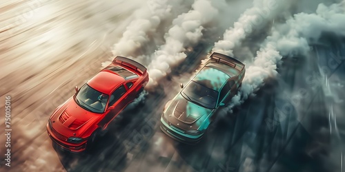 Aerial view of two cars drifting in a smoky race track. Concept Aerial Photography, Motorsports, Car Drifting, Smoke Effect, Race Track