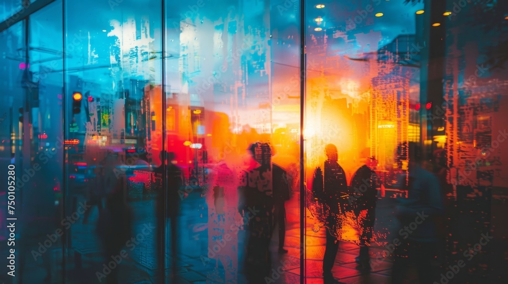 Abstract urban reflections on glass with blurred figures. City life and modern art concept
