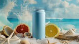 Mockup beverage cans light blue on a driftwood table with crushed ice surrounded by seashells and citrus slices.