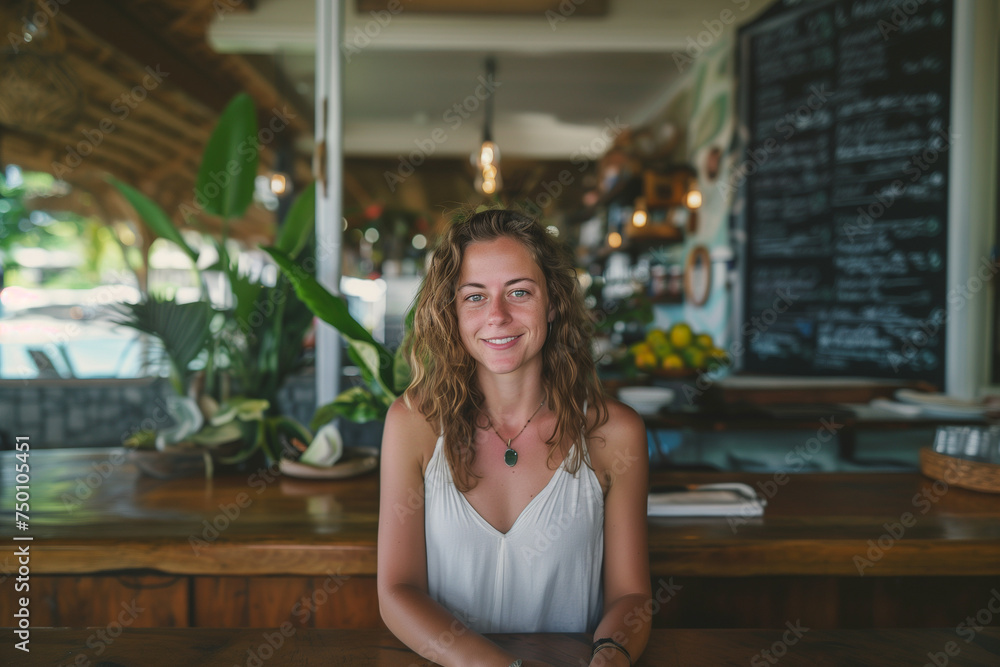 A woman in her late 20s is seated at a boho, instaworthy cafe, relaxed and smiling