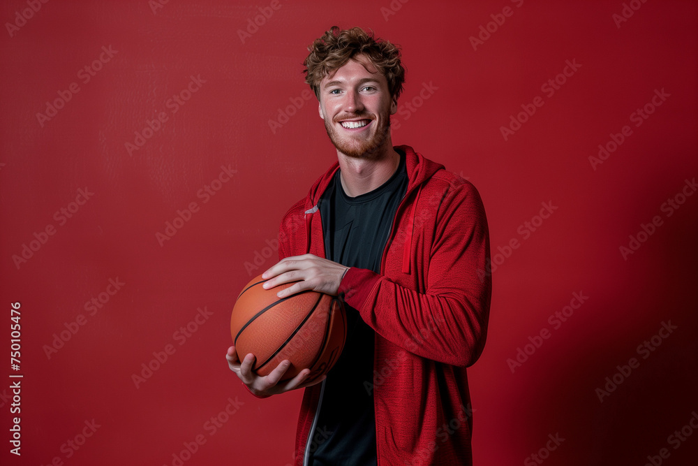 A tall, college aged, smiling man holding a basketball in his hands. He is wearing a red hoodie with a red background A tall, college aged, smiling man holding a basketball in his hands. He is wearing a red hoodie with a red background