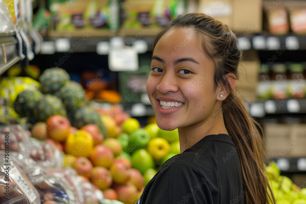 A smiling young woman is standing in front of a colorful display of fresh fruits and vegetables in a market. A smiling young woman is standing in front of a colorful display of fresh fruits and vegetables in a market.