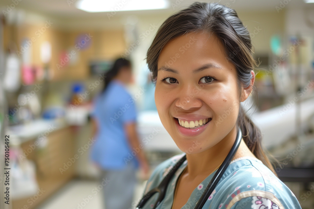 A smiling woman wearing hospital scrubs stands in a hospital room with a stethoscope up to The room is equipped with medical equipment and another employee in the background A smiling woman wearing hospital scrubs stands in a hospital room with a stethoscope up to The room is equipped with medical equipment and another employee in the background