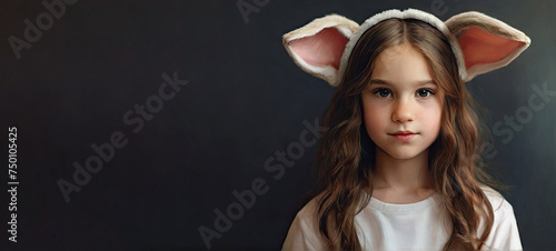 Portrait of a little girl in rabbit ears and a white T-shirt