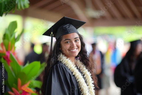 A woman wearing a graduation cap, gown, and floral lei, signaling the achievement of completing a degree. She stands confidently, ready to embark on her next chapter.