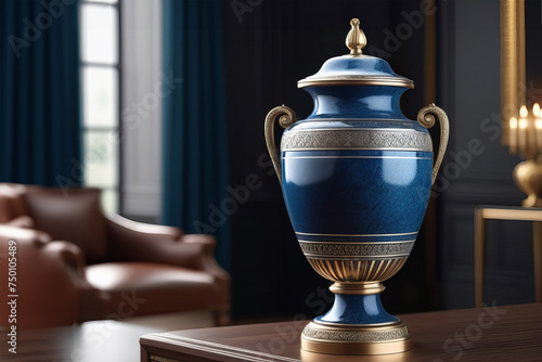 Cremation Urn for Ashes isolated in home luxury interior. urn funeral ashes photo