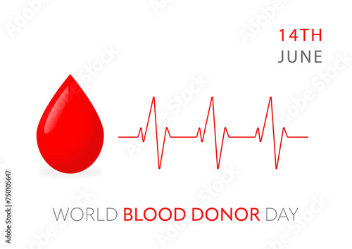 World blood donor day banner, 4th June, vector, white background.  Drop of blood, heartbeat, pulse trace