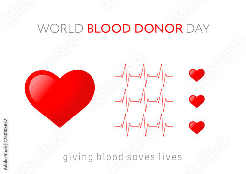 World blood donor day banner, 4th June, vector, white background.  Heartbeat, pulse trace