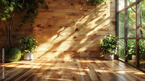 The background of the free space inside the room simulates sunlight and shadows. The room wall is a warm room in a warm summer. With sunlight and shadows, leaves and an empty parquet floor.