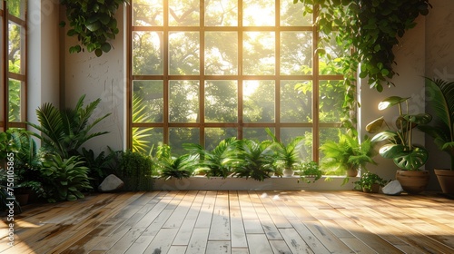 The background of the free space inside the room simulates sunlight and shadows. The room wall is a warm room in a warm summer. With sunlight and shadows, leaves and an empty parquet floor. photo