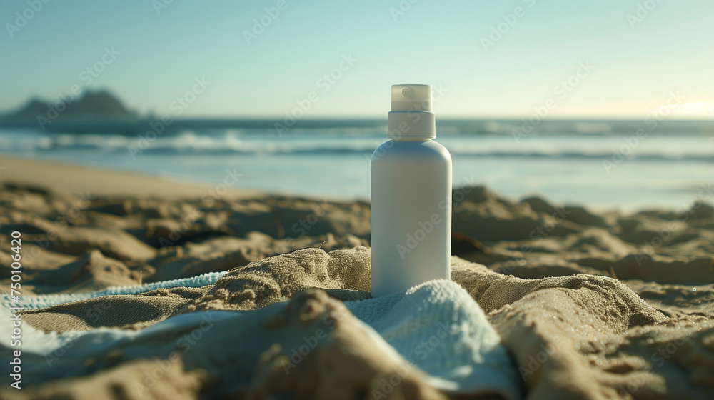 Durable White Sunscreen Bottle on Sandy Beach Durable White Sunscreen Bottle on Sandy Beach