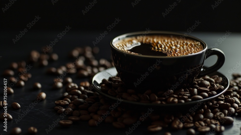 Espresso in Brown Cup with Coffee Beans on Dark Background.
