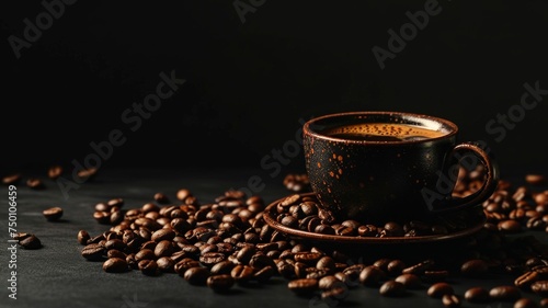 Espresso in Brown Cup with Coffee Beans on Dark Background. 