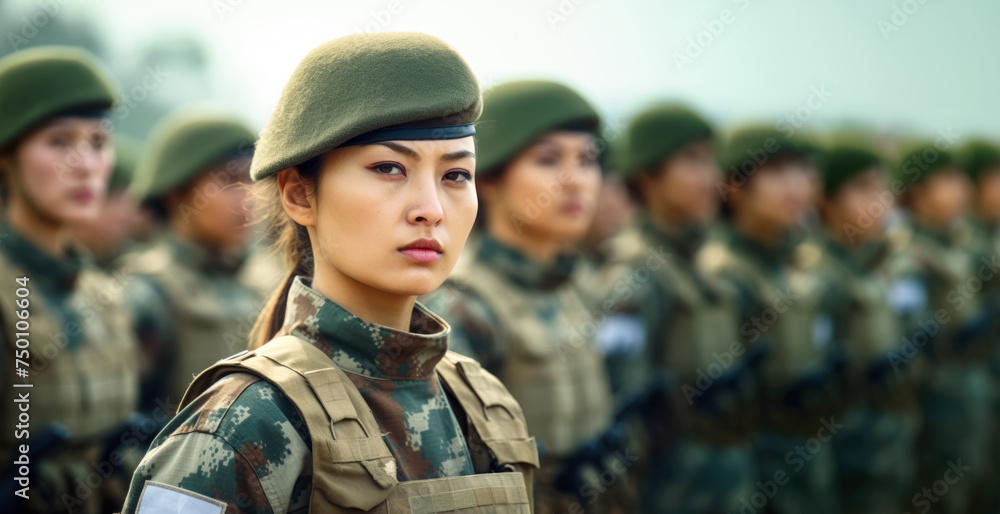 Group of Asian women in military digital camouflage uniforms standing at army ceremony or presentation. Generative AI