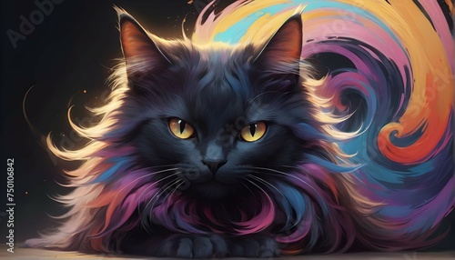 With a graceful movement, a cat with abstract beauty approaches perfection, its fur a swirl of psychedelic colors. The moonlight adds a touch of magic to its already dynamic presence.