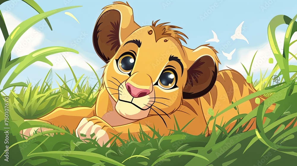 cartoon lion cub in the grass. cute animal cartoon lion cub in the grass. cute animal