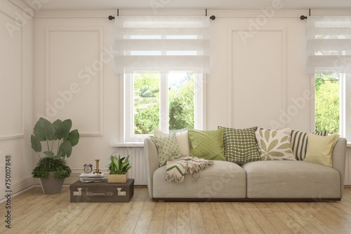 White living room with sofa and summer landscape in window. Scandinavian interior design. 3D illustration