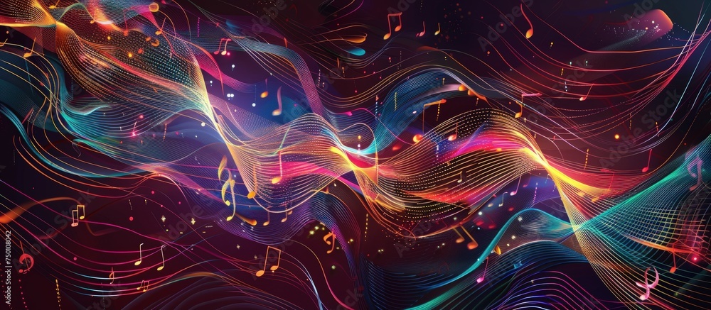 Abstract music background glowing with notes tones dancing. generative AI image - obrazy, fototapety, plakaty 