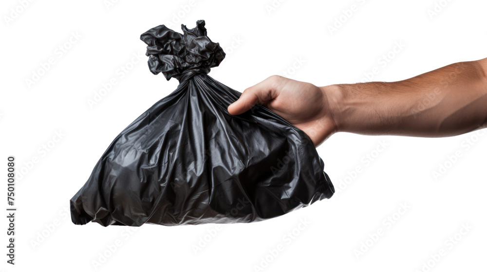 Hand holding a black garbage bag, hand throwing away garbage isolated on transparent and white background.PNG image. Hand holding a black garbage bag, hand throwing away garbage isolated on transparent and white background.PNG image.