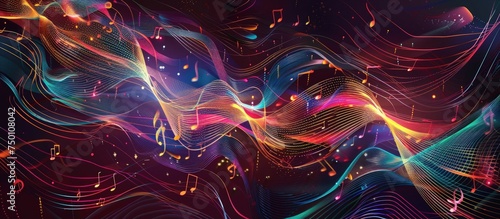 Abstract music background glowing with notes tones dancing. generative AI image photo