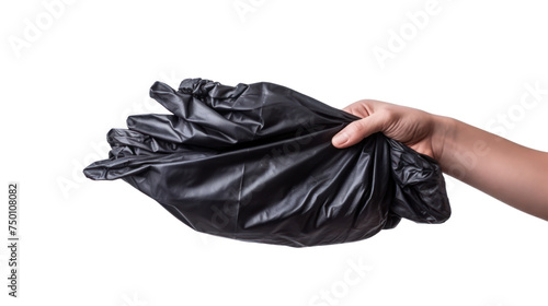 Hand holding a black garbage bag, hand throwing away garbage isolated on transparent and white background.PNG image.
