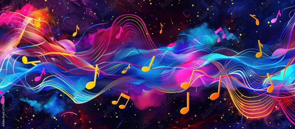 Abstract music background glowing with notes tones dancing. generative AI image - obrazy, fototapety, plakaty 