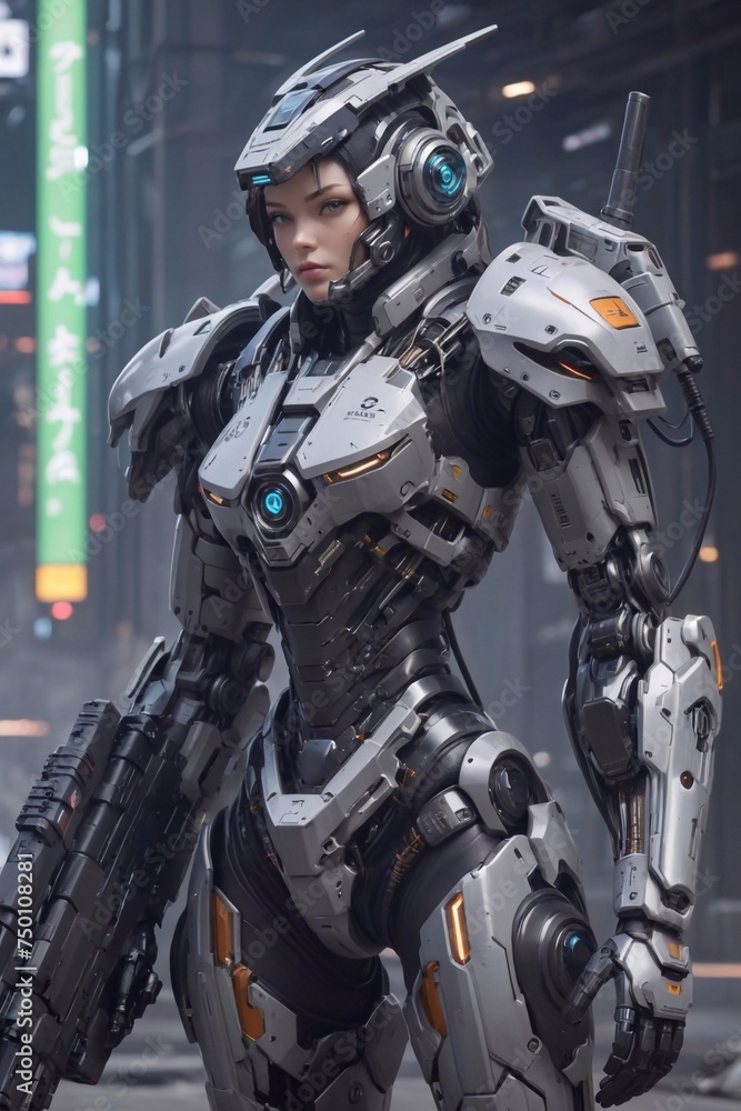 Heavily armed mech soldier from the future. AI generated illustration Heavily armed mech soldier from the future. AI generated illustration