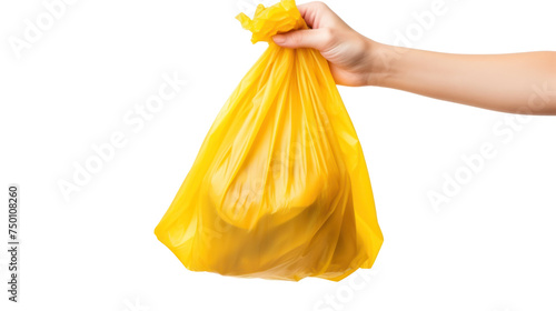 Hand holding a black garbage bag, hand throwing away garbage isolated on transparent and white background.PNG image.