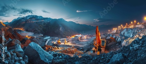 Night shot of excavator and rock stone at work site. generative AI image