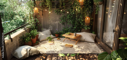 Cozy reading nook balcony adorned with a small rectangular coffee table, floor cushions, and hanging herbs. photo