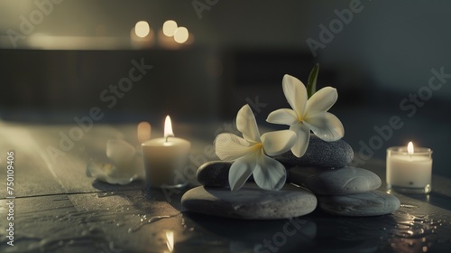 Healing Nature  Smooth Massage Rocks  Fragrant Flowers  and Candles