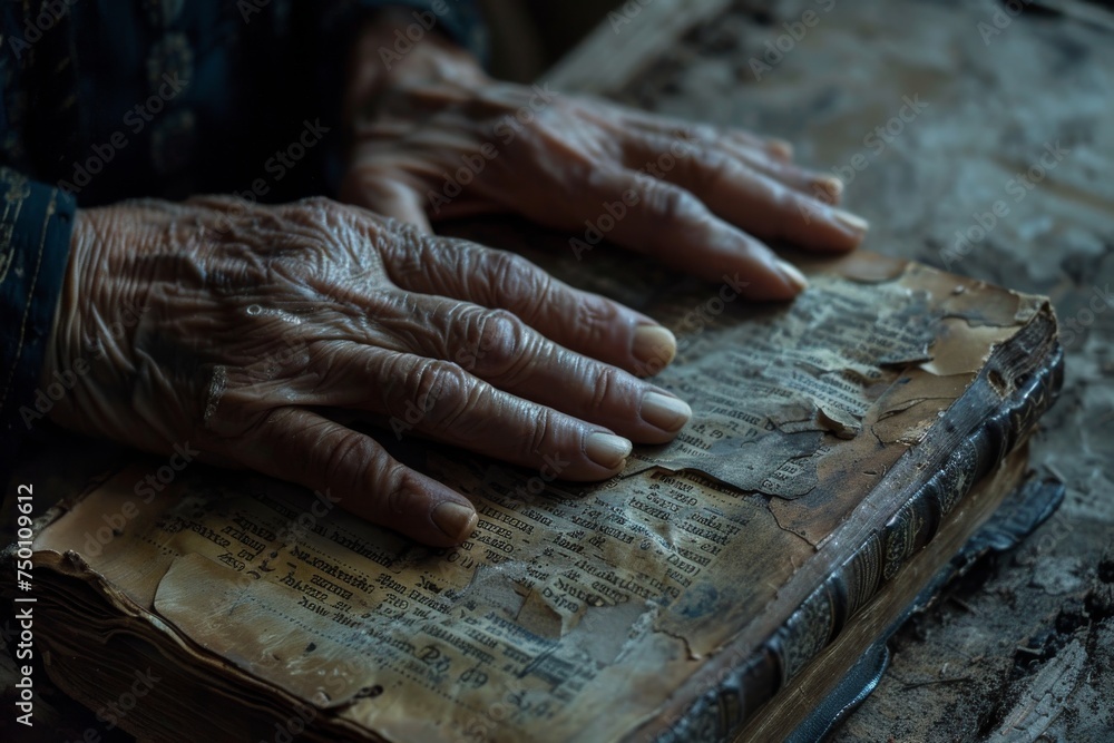 Hands of Devotion and Study on Weathered Bible, Reflecting Reverence and Contemplation Concept
