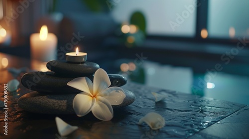 Tranquil Retreat  Spa Rocks  Delicate Flowers  and Warm Candlelight