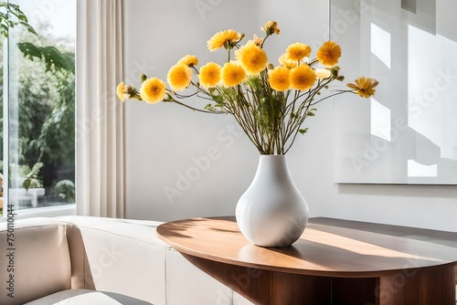 vase with flowers, A sleek and minimalist vase, crafted in the style of modern Chinese design, sits atop a clean white surface