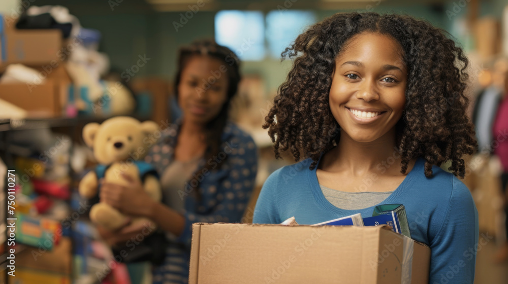 cheerful young woman is holding a box of donated items in a thrift store setting, with another person visible in the background. cheerful young woman is holding a box of donated items in a thrift store setting, with another person visible in the background.