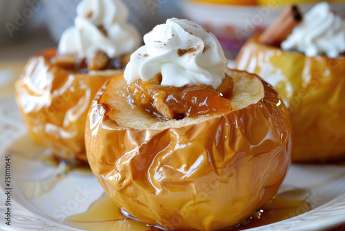 A delicious and healthy dessert of baked apples filled with peanut butter and jam