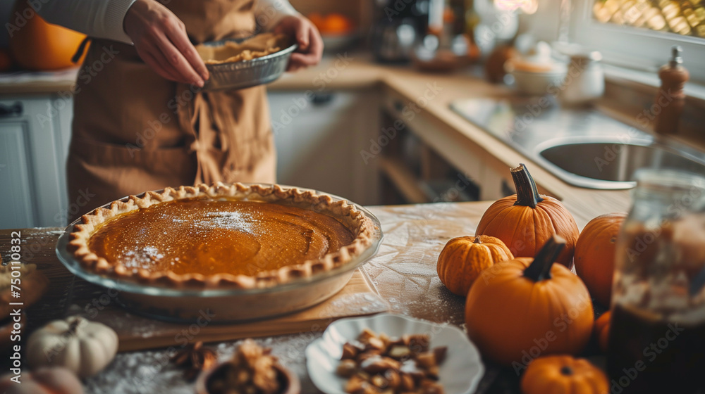 Preparing pumpkin pie in a kitchen, ingredients and pie crust on the counter, family cooking together for Thanksgiving Day, warm homey light - obrazy, fototapety, plakaty 