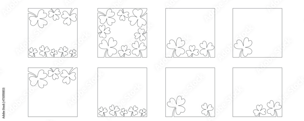 Clover flower frame for Saint Patrick day - good lucky symbol, single line. Vector stock minimalism illustration isolated on white background for design template social media. Editable stroke.