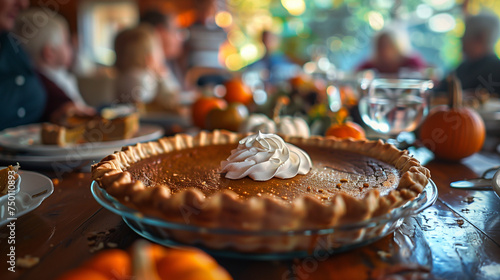 Traditional Thanksgiving Day table setting  pumpkin pie with whipped cream in the center  family gathering in the background  warm and inviting atmosphere