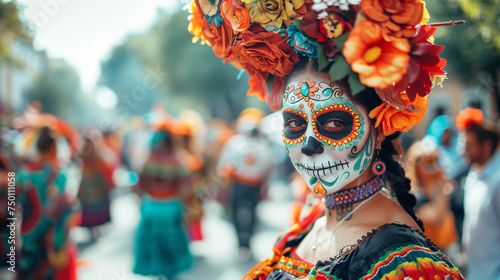 Lively Dia de los Muertos Parade: People Adorned with Traditional Face Paint, Parading Through Streets in Colorful Celebration of Life and Culture
