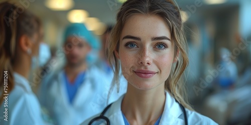 A positive and attractive female doctor in a hospital, wearing a uniform and stethoscope, looking kind and confident.