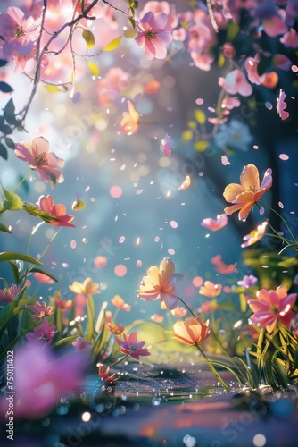 Magical scene of a blossomy forest glade with radiant light and floating petals creating an ethereal atmosphere