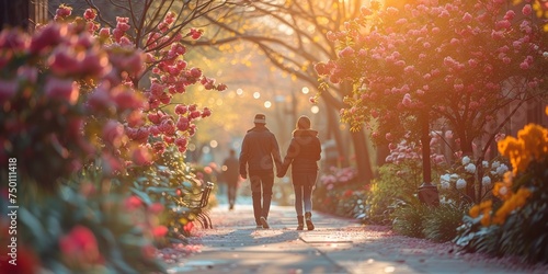 A happy senior couple enjoying a romantic walk in a blooming park during autumn.