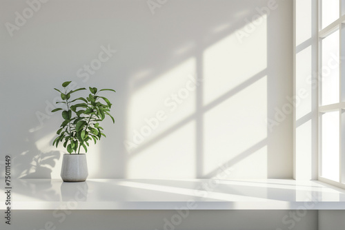 Minimalist Elegance  Table Mockup Featuring Clean White Surface Bathed in Bright Natural Daylight  Offering a Versatile Canvas for Creative Display and Design Exploration