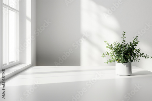 Minimalist Elegance: Table Mockup Featuring Clean White Surface Bathed in Bright Natural Daylight, Offering a Versatile Canvas for Creative Display and Design Exploration